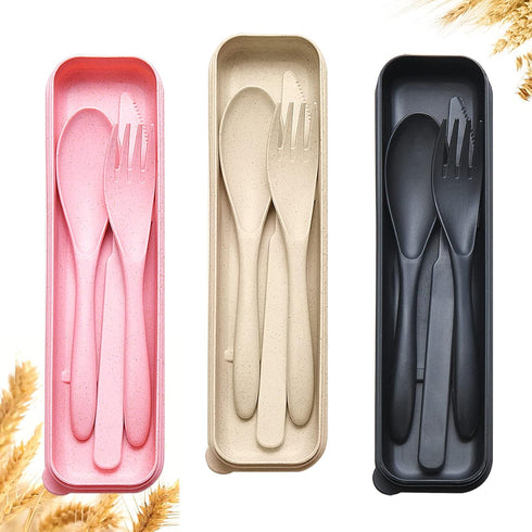 Reusable Travel Utensils Set with Case, 3 Sets Wheat Straw Portable Knife Fork Spoons Cutlery, Eco-Friendly BPA Free Plastic Tableware for Kids Ad...